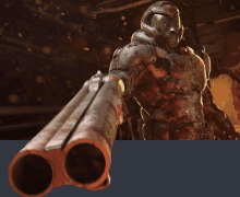 a video game character holding a shotgun with two barrels pointing at the camera