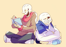 papyrus and sans are sitting next to each other . papyrus is reading a book and sans is sleeping .