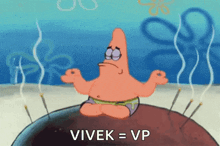 patrick star from spongebob sits in a lotus position with the words vivek = vp behind him