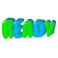 the word ready is displayed in blue and green letters