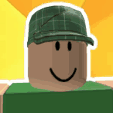 a smiling roblox character wearing a green hat