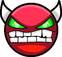 a red circle with green eyes and horns on it