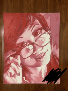 a painting of a woman wearing glasses with a red background