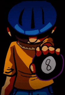 a cartoon character is holding a 8 ball in his hand .