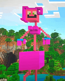 a pink flamingo is standing in a minecraft scene