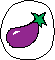 a pixel art illustration of a purple eggplant with a green stem in a circle on a white background .