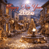 a happy new year greeting card with a fountain in the foreground