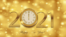 a happy new year greeting card with a gold clock on it