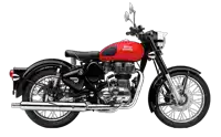 a red and black royal enfield motorcycle with a white background