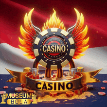 a logo for a casino with flames and wings on it