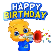 a cartoon of a bear blowing a trumpet with the words happy birthday behind him