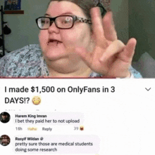 a picture of a woman with glasses next to a facebook post that says i made $ 1,500 on onlyfans in 3 days