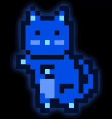 a pixel art drawing of a blue cat with a black background