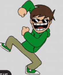 a cartoon of a boy in a green hoodie and green shoes is dancing .