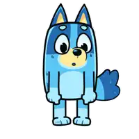 a cartoon drawing of a blue dog with a surprised look on its face
