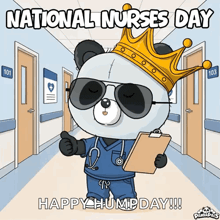 a panda bear wearing a crown and sunglasses is holding a clipboard