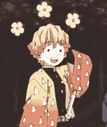 a cartoon of a boy holding a sword with flowers flying around him