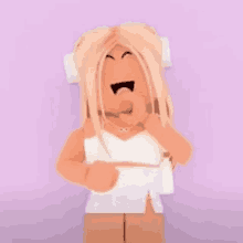 a roblox girl is covering her mouth with her hand while wearing a white top .