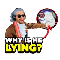 a man in a historical costume is pointing at a phone screen with the words " why is he lying " above him