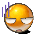 a cartoon smiley face with a sad look on its face and a purple stripe on its forehead .