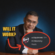 a man in a suit sits at a table with a reply from a person named cr33p3rk146 12m