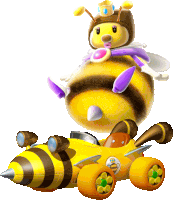 a cartoon bee wearing a crown is driving a bee car