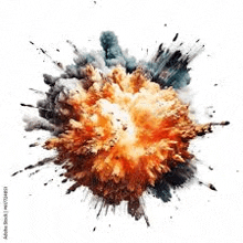 a colorful explosion on a white background with smoke coming out of it .