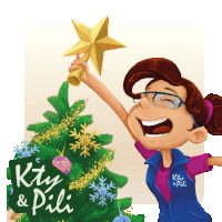 a cartoon of a girl putting a star on top of a christmas tree with a sign that says kty & pili