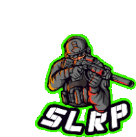 a cartoon of a soldier holding a gun with the word slrp written below him .