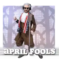a man in a patriotic costume stands in front of a microphone with the words april fools above him