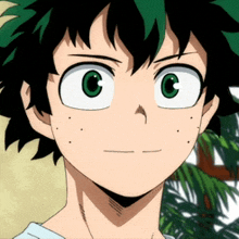 a close up of a anime character 's face with green eyes