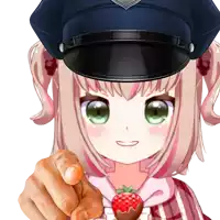 a girl wearing a police hat points at a strawberry