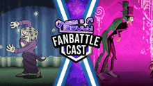 a poster for a fan battle cast showing a cartoon character and a cartoon character in a top hat