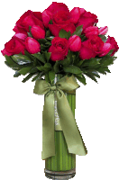 a vase filled with red roses and tulips has a green ribbon that says st. giovanna