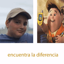 a picture of a boy next to a picture of a cartoon character with the words encuentra la diferencia