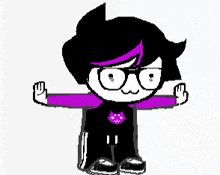 a cartoon character with glasses and a purple shirt