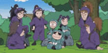 a group of ninjas are gathered around a boy with a mask on his face