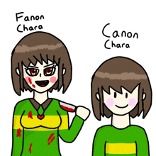 a drawing of fanon chara and canon chara with blood on their faces