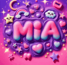 the word mia is surrounded by hearts and stars on a purple background