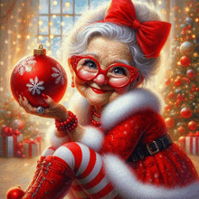 a painting of an elderly woman dressed as santa claus holding a christmas ball