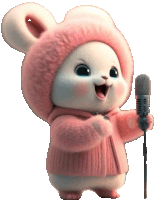 a stuffed animal with a pink hat and sweater is holding a microphone