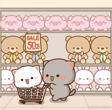 a cat pushing a shopping cart in front of a sign that says 50 % off