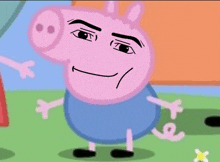 a cartoon character named peppa pig is standing in the grass with his arms outstretched