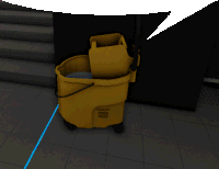 a yellow cubic mop bucket sits on a tiled floor next to stairs