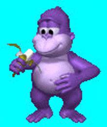 a purple gorilla is holding a banana peel and smiling .