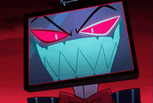 a cartoon character with red eyes and sharp teeth has a monitor on his head
