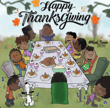 a cartoon of a group of people sitting around a table with the words happy thanksgiving written on the bottom