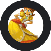 a black circle with a picture of princess daisy inside of it