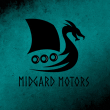 a logo for midgard motors with a dragon and a boat