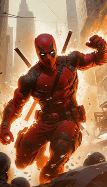 a comic book character named deadpool is running through a city street